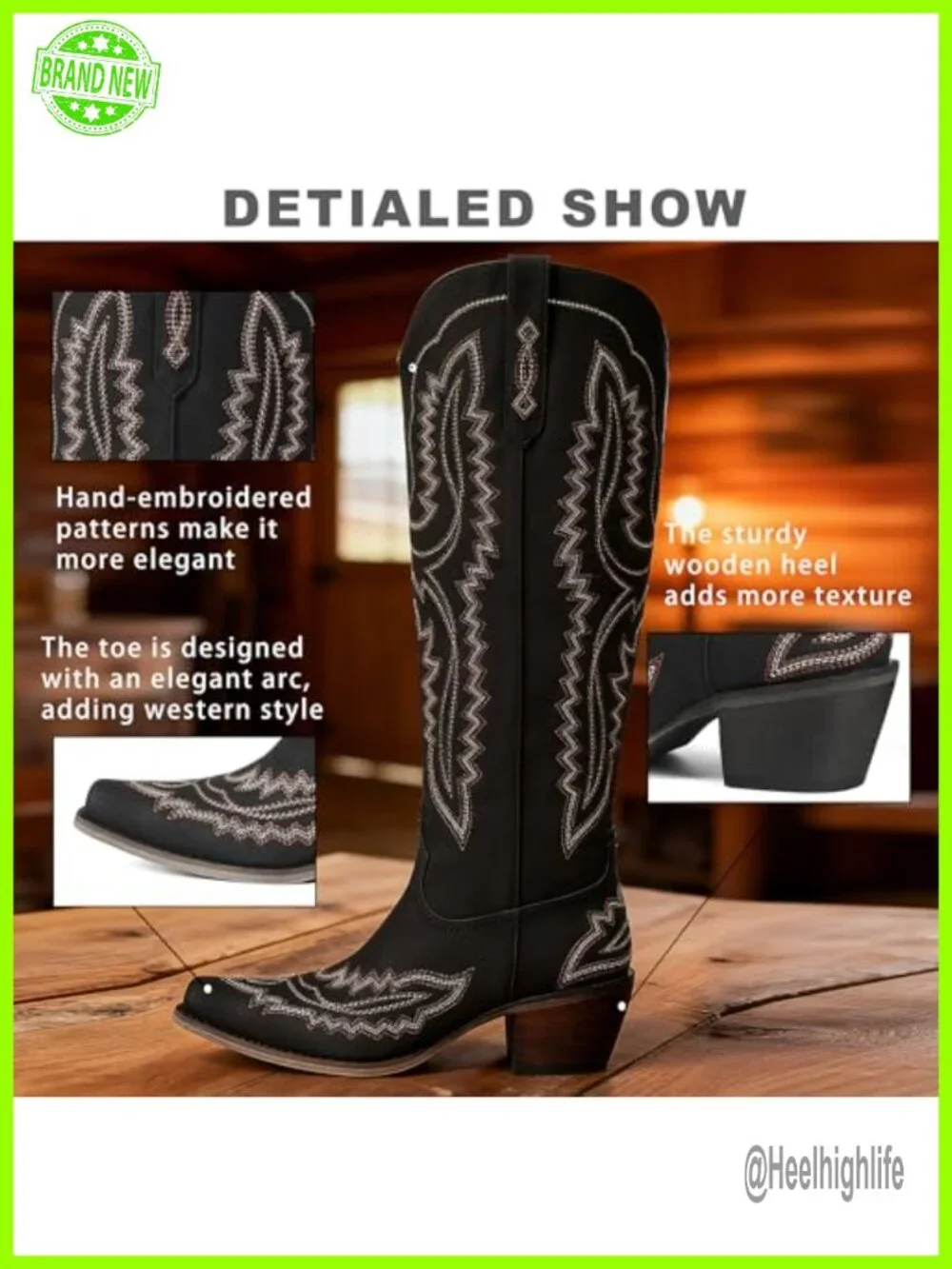 Knee High Cowboy Boots for Women Embroidered Chunky Heel Square Toe Fashion